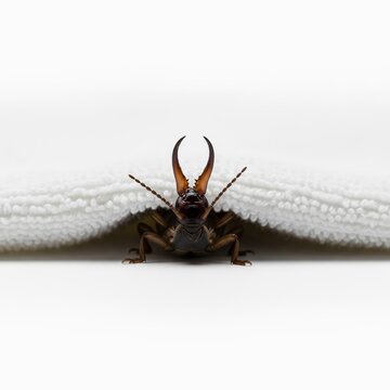 Common brown earwig insect hiding under a soft cotton towel in a home bathroom, closeup of a creepy crawly pest on a white fabric surface.
