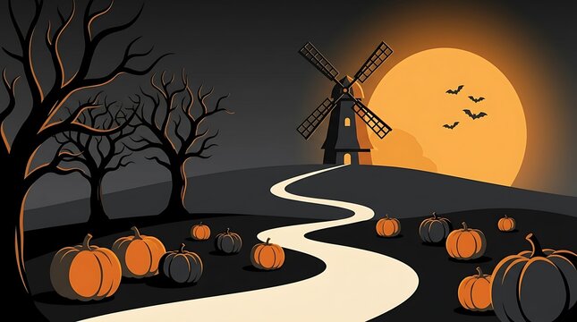 Spooky halloween landscape with windmill and pumpkins at night halloween windmill pumpkins landscape