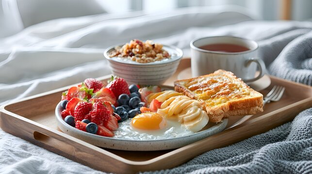 Cozy breakfast in bed with fresh fruits, fried egg, toast, granola and tea