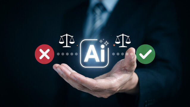 Ethics and compliance in artificial intelligence shown by businessman balancing correct and incorrect choices.