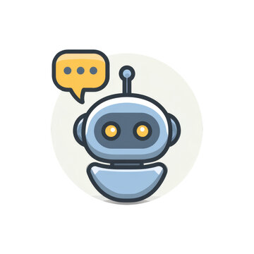 A cute, minimalistic robot icon with glowing eyes and a speech bubble, representing AI communication or chatbot interaction
