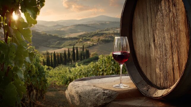 50.Close view of wine barrel beside grapevine rows, filled glass of red wine glistening, green hills of Tuscany layered in distance, warm sunset sky, tranquil rural mood, detailed wood grain on