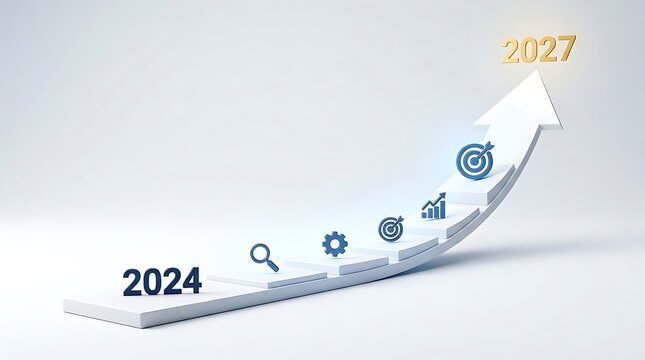 Career advancement and upward growth concept with white arrow steps leading to golden 2027 text