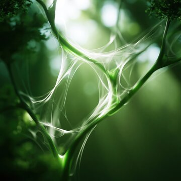 Abstract microscopic view of plant cell structures featuring glowing green chloroplasts and intricate organic biological networks under soft illumination.