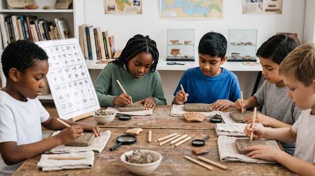 Diverse group of children learning ancient cuneiform writing on clay tablets in a classroom setting