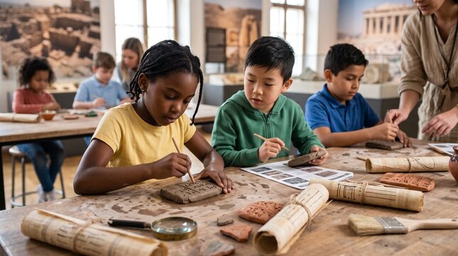 Children engaged in ancient history lesson creating cuneiform tablets in a museum classroom setting