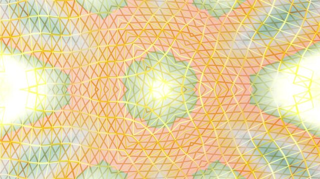 Elegant glowing golden kaleidoscope featuring sacred geometric symmetry, luminous polygon mesh, seamless abstract pattern, and radiant motion background ideal for modern creative visuals.