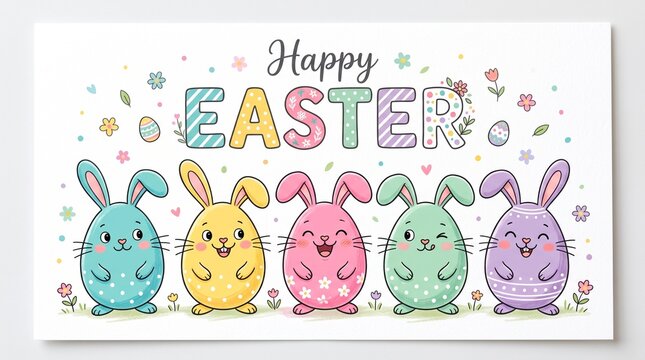 Cute pastel easter bunny egg characters greeting card