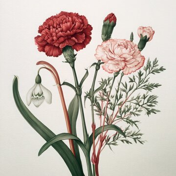 Elegant Classical Botanical Illustration of Carnation and Snowdrop Flowers
