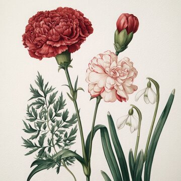 Elegant Classical Botanical Illustration of Carnation and Snowdrop Flowers