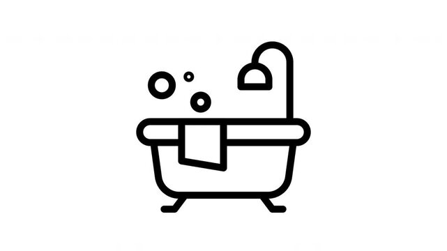 Minimalist black and white bathtub icon featuring a shower head and foam bubbles for hygiene and relaxation concepts