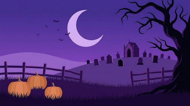 Halloween scenery with cemetery and crooked trees under crescent moon halloween cemetery graveyard pumpkins