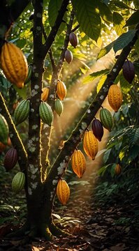 cacao tree with colorful ripening pods in sunlit tropical plantation, sustainable agriculture, food production, harvesting, cocoa farming