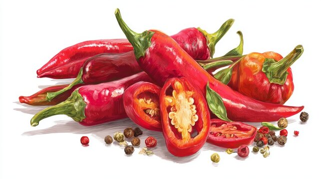 77.Assortment of whole and cross section red chili peppers displayed front facing, transparent background look, crisp edges and realistic shadows, peppercorn blend in multiple colors spread