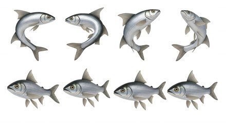 Fototapeta premium illustration of eight silver fish swimming and positioned at different angles on a white background useful for culinary or marine life projects