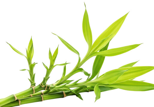 Vibrant green lucky bamboo stalks with broad leaves on transparent background, symbol of good fortune and wellness.