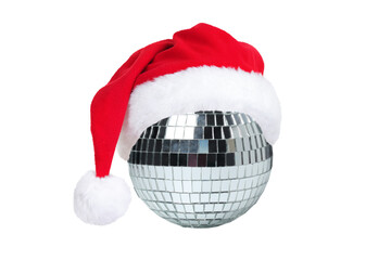 Obraz premium New Year 2027. Disco ball adorned with a bright red Santa hat creates a joyful atmosphere, PNG