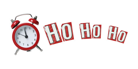 Obraz premium Happy New Year 2027. Clock strikes midnight while colorful letters spell ho ho ho, PNG