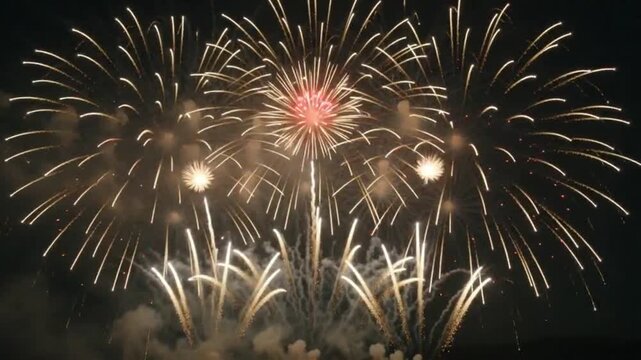 Golden fireworks exploding in night sky