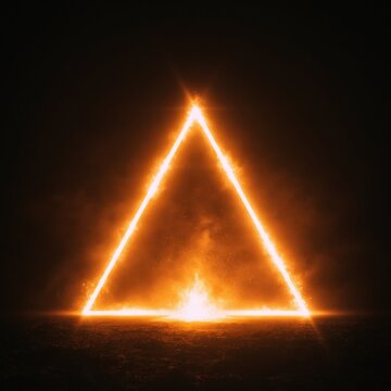 An intense glowing orange triangle made of fiery energy and molten lava, symbolizing an alchemical transformation in a dramatic dark atmosphere.