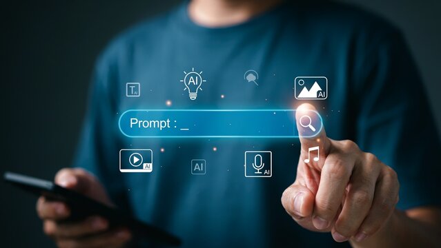 Person using futuristic ai prompt bar for creative digital content.