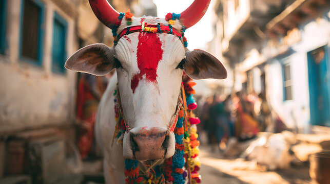 a white cow, festooned with colorful ribbons and red facial paint, standing in the winding lanes of an Indian village, framed by centuries-old structures and inhabitants, creating a striking tableau o