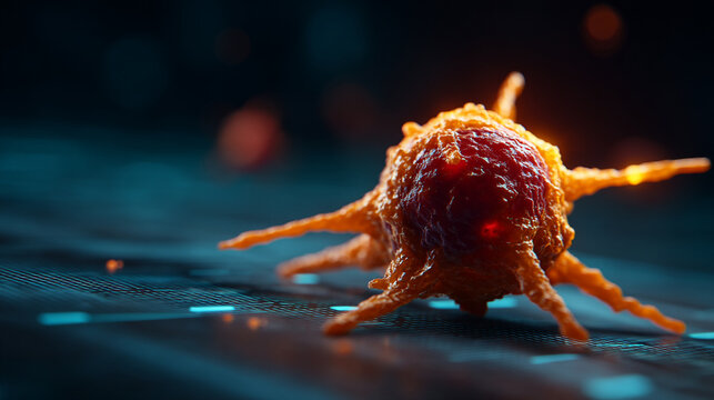 Microscopic view of a single orange spherical virus cell on a dark background