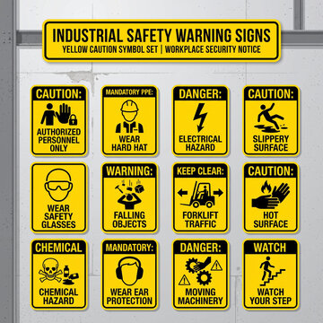A comprehensive set of black and yellow hazard warning signs, construction safety icons, and mandatory PPE equipment symbols for industrial workplace safety standards.