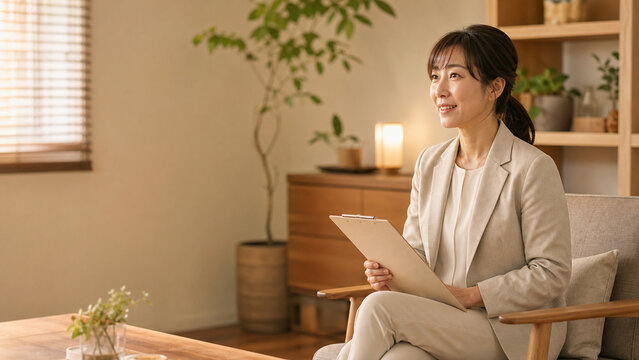 夕方の相談室で余白を見つめる日本人女性ヘルスケア専門職