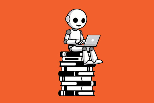 Cute robot sitting on a stack of books using a laptop for artificial intelligence learning.