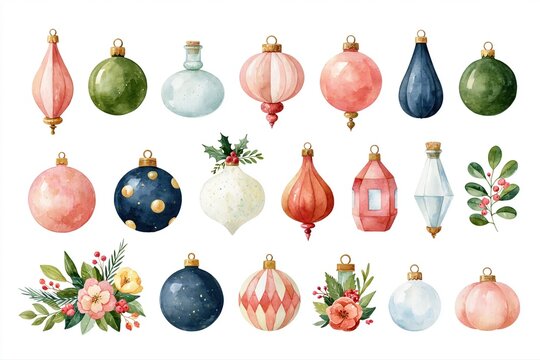 Watercolor Christmas baubles set with flowers and greenery