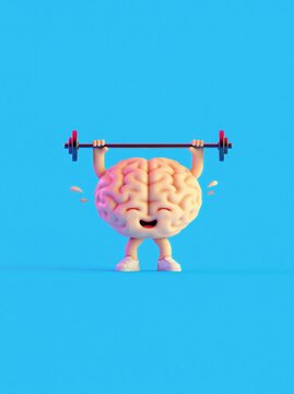 Cartoon funny brain character lifting barbell mental strength concept