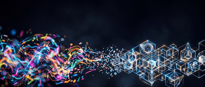 Abstract visualization of data particles flowing into geometric wireframe cube structures representing complex digital systems.