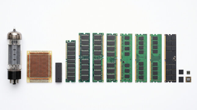 Evolution of computer memory components on white background