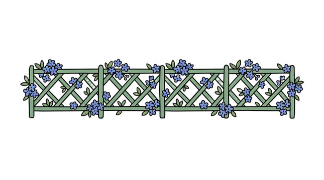 Wooden fence decorated with blooming blue flowers forms a rustic garden border.