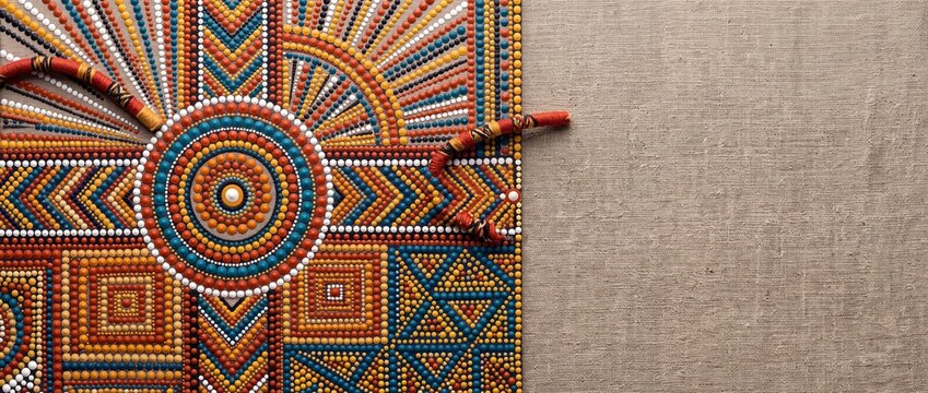 Vibrant aboriginal dot painting with intricate geometric patterns and a snake motif on textured canvas, representing indigenous art and culture.