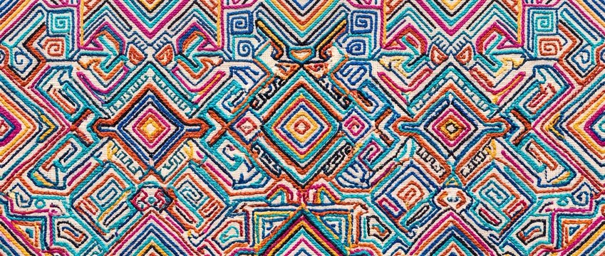 Traditional colorful geometric embroidery pattern on textile background featuring vibrant thread work with intricate folk motifs.