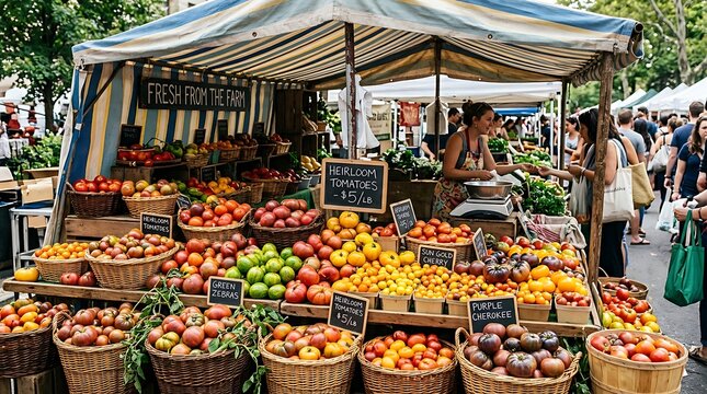 Bountiful display of fresh, colorful heirloom tomatoes stacked in wooden baskets at a bustling outdoor farmers market stall
