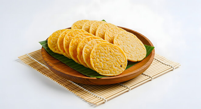 Traditional golden tempeh fried crispy snacks on a wooden plate with bamboo mat