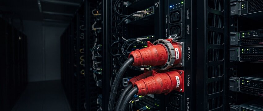 Two large red industrial power connectors plugged into a server rack PDU in a data center, close up shot.