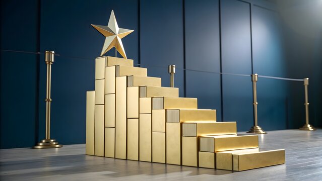 A golden star trophy sits atop a staircase of stacked gold bars representing business success and achievement