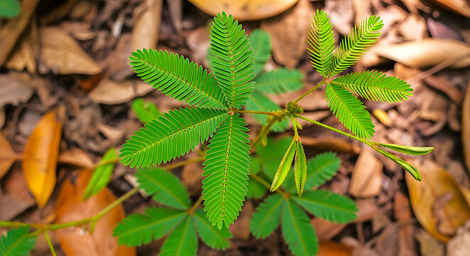 Fresh green Mimosa pudica, sensitive plant,  growing in wild forest floor environment 