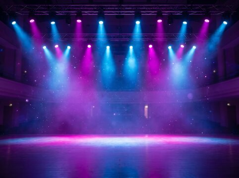 Empty stage with blue and magenta spotlights and stage haze spot light concert beams of light