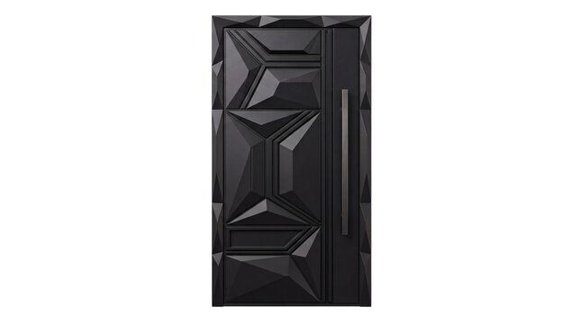 Black geometric facade door with angular faceted and metal isolated on png transparent background