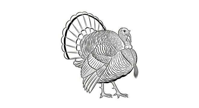 A stately turkey stands proudly against a white background. The bird displays its fan of feathers, showcasing its vibrant plumage.