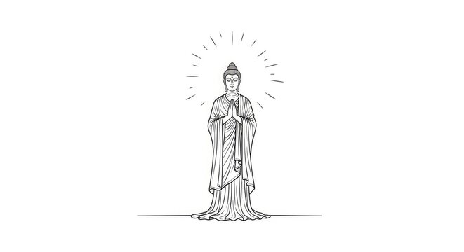 A black and white line drawing depicts a serene Buddha figure. The Buddha is shown in a meditative posture, with hands pressed together in a prayer mudra.