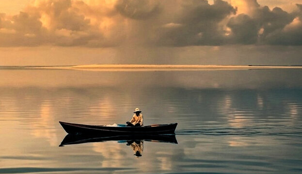 A lone fisherman sitting in a wooden canoe boat on ultra calm water reflecting golden sunset clouds near a sandbar island.