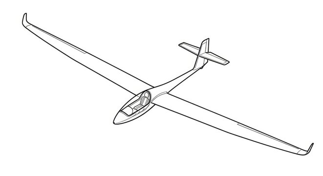 A detailed black and white line drawing depicts a glider aircraft. The aircraft features a streamlined fuselage, a single-seat cockpit, and long, slender wings with prominent ailerons.