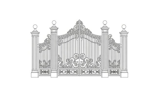 A detailed, black and white line drawing depicts an ornate, wrought-iron gate. The gate features multiple decorative columns, intricate scrollwork, and symmetrical design elements.