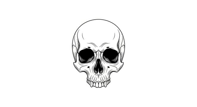 A detailed black and white skull illustration is centered on a white and black striped background.